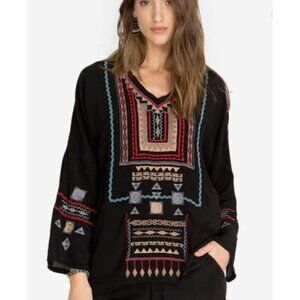 Johnny Was Biya Izna Silk Boho Embroidered Tunic Black‎ XS Tribal